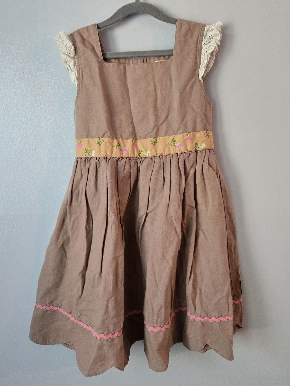 Matilda Jane Girls 8 Brown Linen Blend Dress Lace Trim Ric Rac Floral Sash Boho